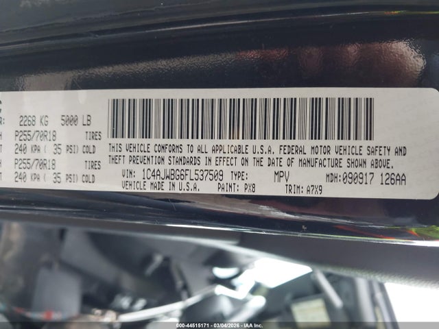 Aukcja sprzedaży 2015 Jeep Wrangler Sahara, vin: 1C4AJWBG6FL537509, numer aukcji: 44515171
