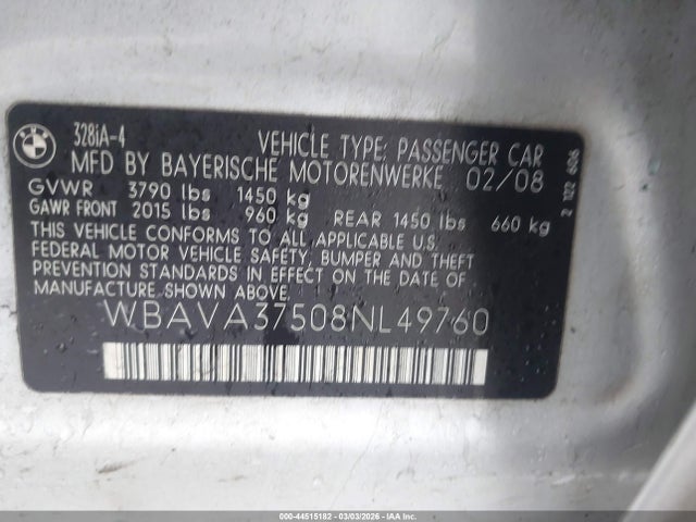 44515182 :رقم المزاد ، WBAVA37508NL49760 vin ، 2008 Bmw 328i مزاد بيع