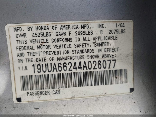 Aukcja sprzedaży 2004 Acura Tl, vin: 19UUA66244A026077, numer aukcji: 44515189