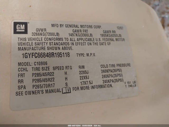 2008 CADILLAC ESCALADE ESV 1GYFC66848R195118 Photo 8