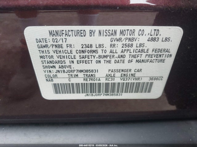 44515219 :رقم المزاد ، JN1BJ0RP7HM385831 vin ، 2017 Infiniti Qx50 مزاد بيع