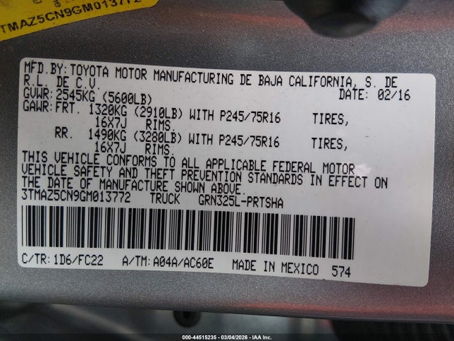 3TMAZ5CN9GM013772 Toyota Tacoma Sr5 V6