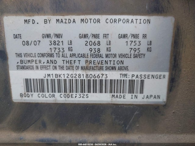 Продаж на аукціоні авто 2008 Mazda Mazda3 I, vin: JM1BK12G281806673, номер лоту: 44515238