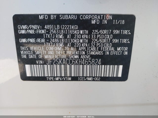 2019 Subaru Forester მანქანა იყიდება აუქციონზე, vin: JF2SKACC6KH465824, აუქციონის ნომერი: 44515251