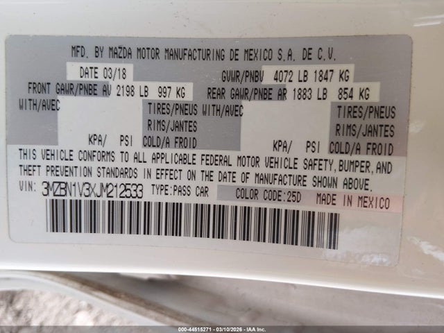 Продаж на аукціоні авто 2018 Mazda Mazda3 Touring, vin: 3MZBN1V3XJM212533, номер лоту: 44515271