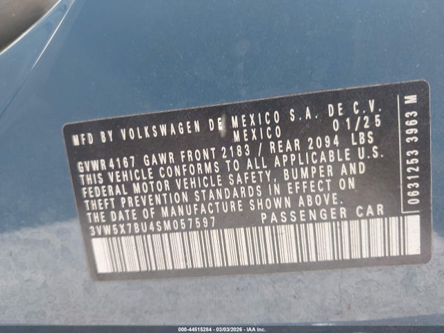 Aukcja sprzedaży 2025 Volkswagen Jetta 1.5t S, vin: 3VW5X7BU4SM057597, numer aukcji: 44515284