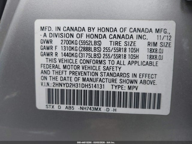 44515288 :رقم المزاد ، 2HNYD2H31DH514131 vin ، 2013 Acura Mdx Technology Package مزاد بيع