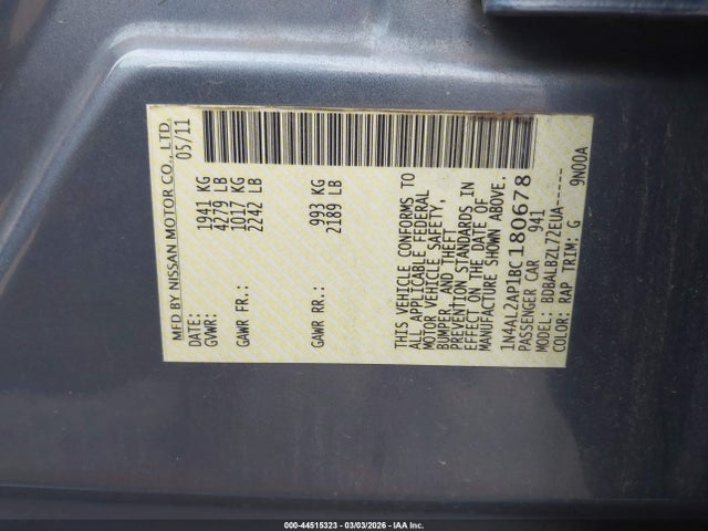 Aukcja sprzedaży 2011 Nissan Altima 2.5 S, vin: 1N4AL2AP1BC180678, numer aukcji: 44515323