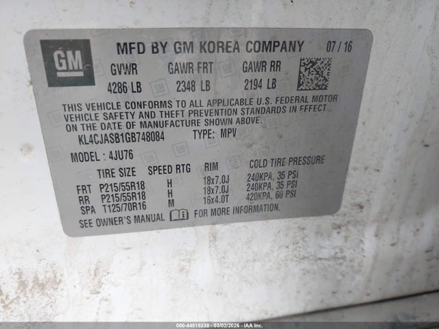 44515338 :رقم المزاد ، KL4CJASB1GB748084 vin ، 2016 Buick Encore مزاد بيع