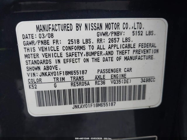 2008 Infiniti M35x მანქანა იყიდება აუქციონზე, vin: JNKAY01F18M655187, აუქციონის ნომერი: 44515349
