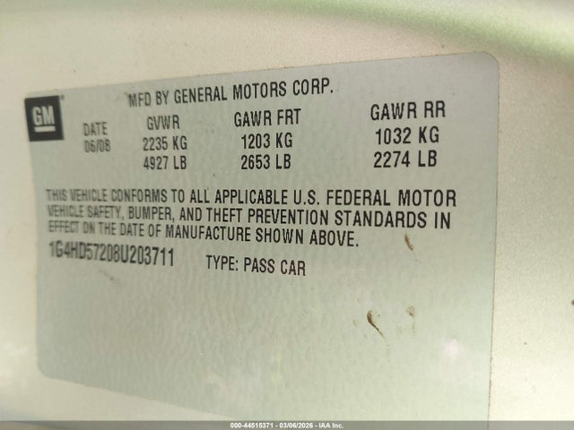 Продажа на аукционе авто 2008 Buick Lucerne Cxl, vin: 1G4HD57208U203711, номер лота: 44515371