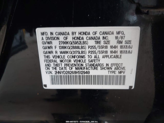 Продажа на аукционе авто 2008 Acura Mdx, vin: 2HNYD28268H512940, номер лота: 44515373