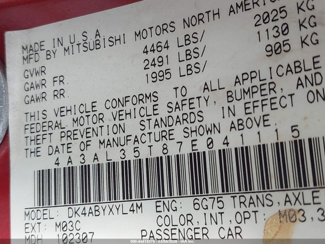 2007 MITSUBISHI ECLIPSE SPYDER 4A3AL35T87E041115 Photo 8