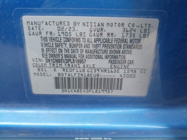 44515387 :رقم المزاد ، 3N1CN8EV3PL819957 vin ، 2023 Nissan Versa 1.6 Sv Xtronic Cvt مزاد بيع