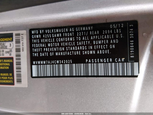Продаж на аукціоні авто 2012 Volkswagen Golf Tdi 2-door, vin: WVWMM7AJ4CW342025, номер лоту: 44515388