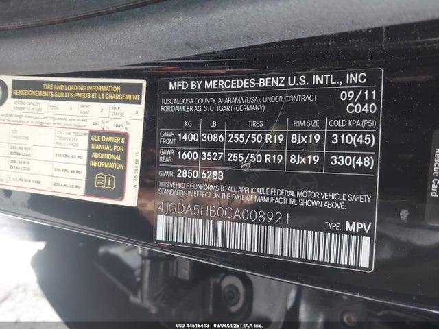 Продажа на аукционе авто 2012 Mercedes-benz Ml 350 4matic, vin: 4JGDA5HB0CA008921, номер лота: 44515413