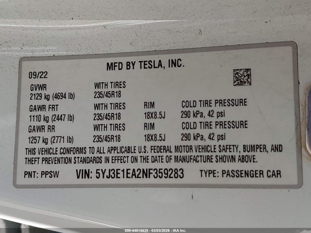 Aukcja sprzedaży 2022 Tesla Model 3 Rear-wheel Drive, vin: 5YJ3E1EA2NF359283, numer aukcji: 44515428