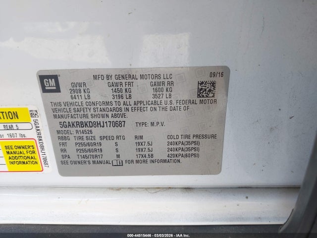 44515446 :رقم المزاد ، 5GAKRBKD8HJ170687 vin ، 2017 Buick Enclave Leather مزاد بيع