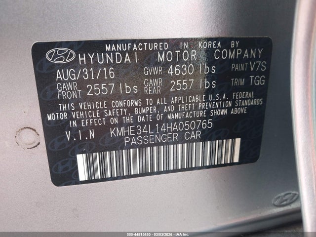 Aukcja sprzedaży 2017 Hyundai Sonata Hybrid Limited, vin: KMHE34L14HA050765, numer aukcji: 44515450