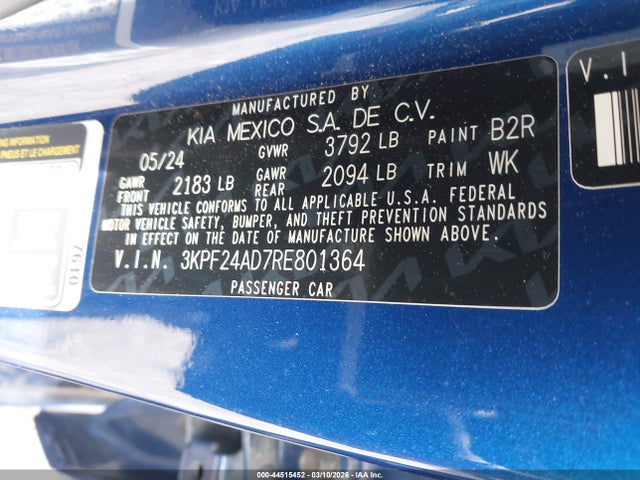 Aukcja sprzedaży 2024 Kia Forte Lxs, vin: 3KPF24AD7RE801364, numer aukcji: 44515452