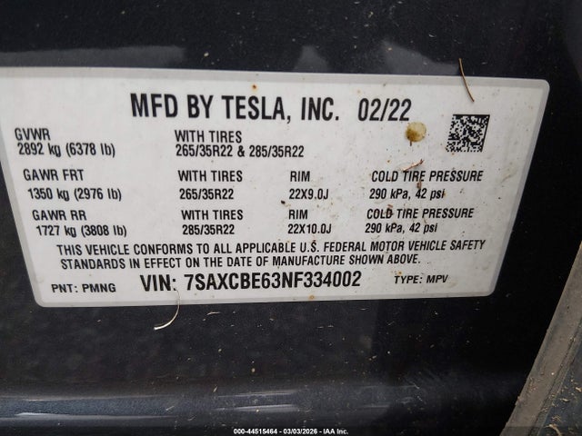 Aukcja sprzedaży 2022 Tesla Model X Plaid Tri Motor All-wheel Drive, vin: 7SAXCBE63NF334002, numer aukcji: 44515464