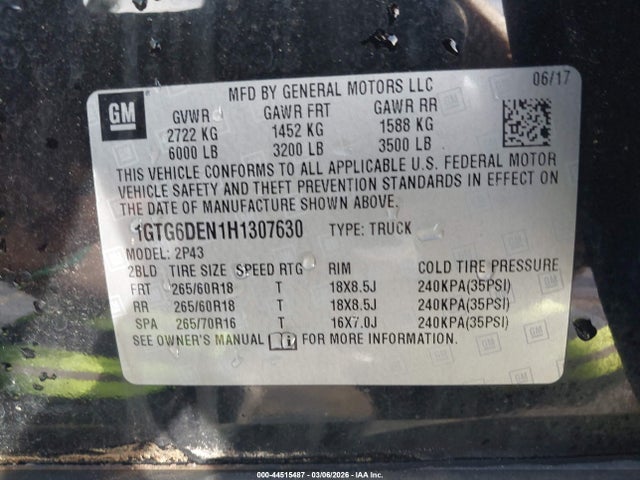 Продажа на аукционе авто 2017 Gmc Canyon Slt, vin: 1GTG6DEN1H1307630, номер лота: 44515487