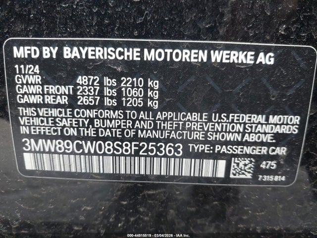 Aukcja sprzedaży 2025 Bmw 330i Xdrive, vin: 3MW89CW08S8F25363, numer aukcji: 44515519