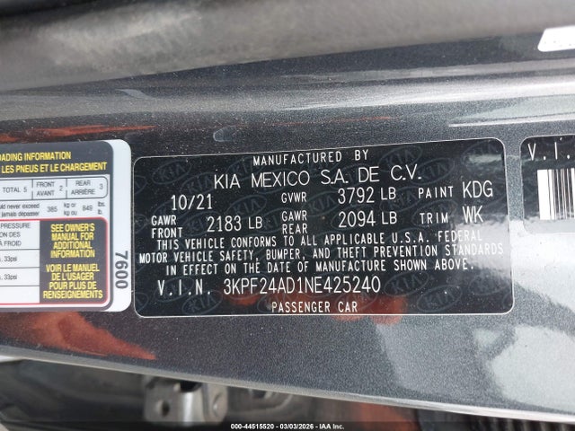 3KPF24AD1NE425240 KIA FORTE FE