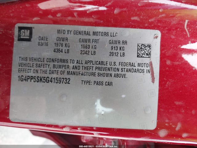 44515521 :رقم المزاد ، 1G4PP5SK5G4159732 vin ، 2016 Buick Verano مزاد بيع