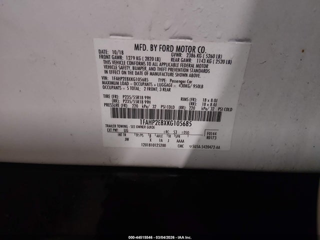 2019 Ford Taurus Sel მანქანა იყიდება აუქციონზე, vin: 1FAHP2E8XKG105685, აუქციონის ნომერი: 44515546