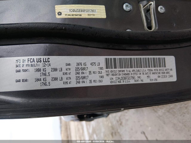 2015 Jeep Compass Latitude მანქანა იყიდება აუქციონზე, vin: 1C4NJDEB6FD217901, აუქციონის ნომერი: 44515548