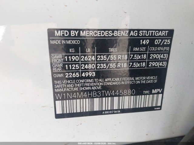 Aukcja sprzedaży 2026 Mercedes-benz Glb 250 4matic, vin: W1N4M4HB3TW445880, numer aukcji: 44515636
