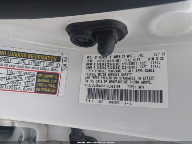 44515644 :رقم المزاد ، 5J6RM4H71FL083198 vin ، 2015 Honda Cr-v Ex-l مزاد بيع