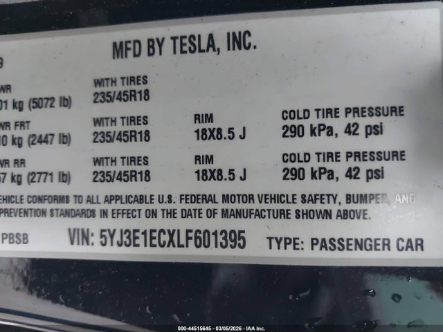 Aukcja sprzedaży 2020 Tesla Model 3 Performance Dual Motor All-wheel Drive, vin: 5YJ3E1ECXLF601395, numer aukcji: 44515645