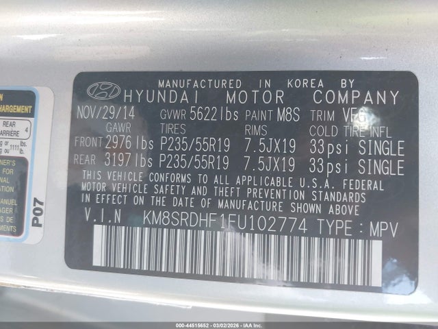 Hyundai Santa Fe Limited 2015 KM8SRDHF1FU102774 Image 9