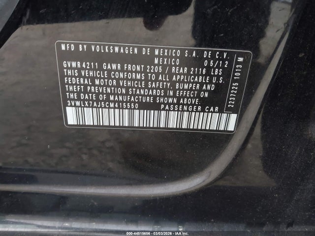 Продаж на аукціоні авто 2012 Volkswagen Jetta 2.5l Sel, vin: 3VWLX7AJ5CM415550, номер лоту: 44515656