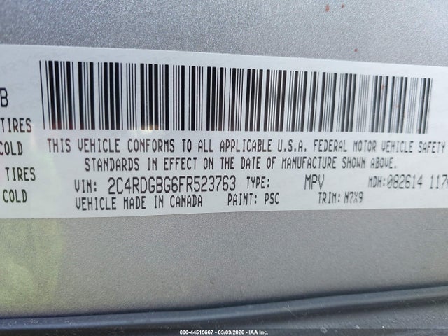 2015 Dodge Grand Caravan Se მანქანა იყიდება აუქციონზე, vin: 2C4RDGBG6FR523763, აუქციონის ნომერი: 44515667