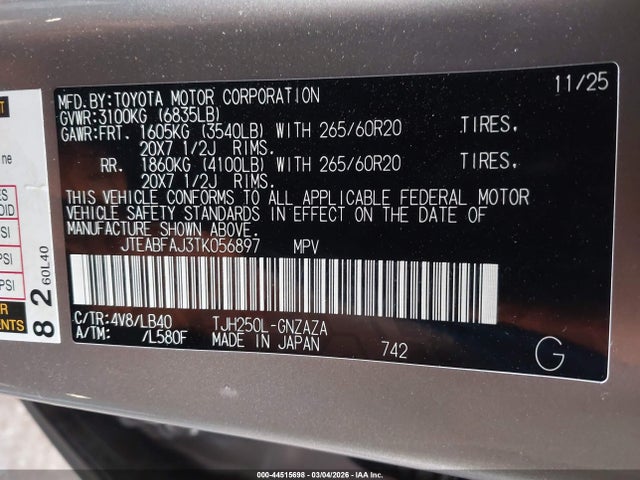 Aukcja sprzedaży 2026 Toyota Land Cruiser, vin: JTEABFAJ3TK056897, numer aukcji: 44515698
