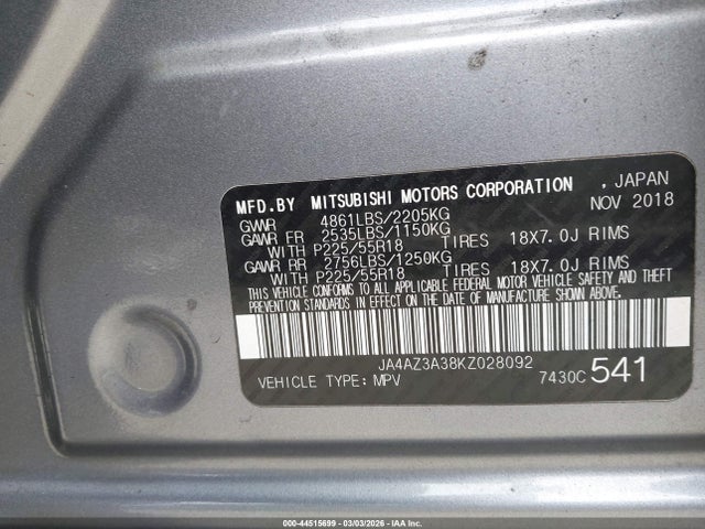 Aukcja sprzedaży 2019 Mitsubishi Outlander Es/le/se/sel, vin: JA4AZ3A38KZ028092, numer aukcji: 44515699