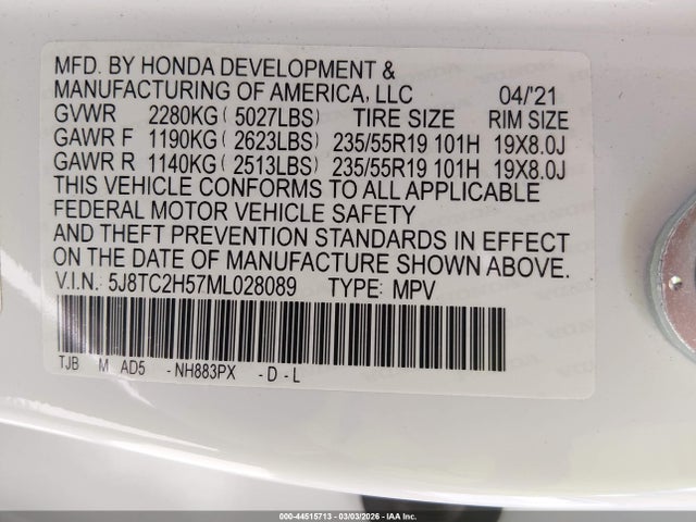 Aukcja sprzedaży 2021 Acura Rdx Technology Package, vin: 5J8TC2H57ML028089, numer aukcji: 44515713