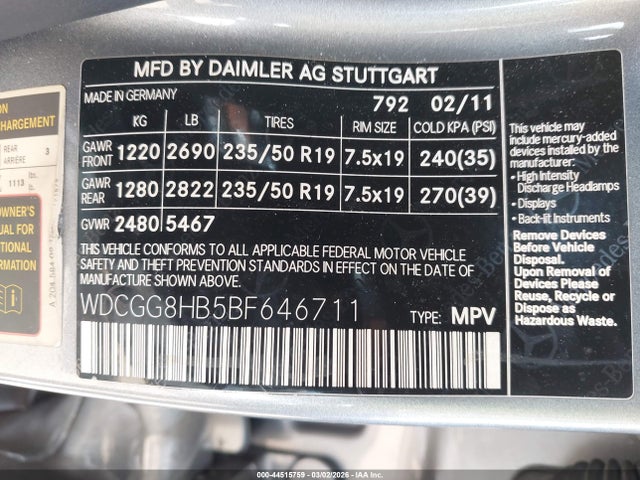 44515759 :رقم المزاد ، WDCGG8HB5BF646711 vin ، 2011 Mercedes-benz Glk 350 4matic مزاد بيع