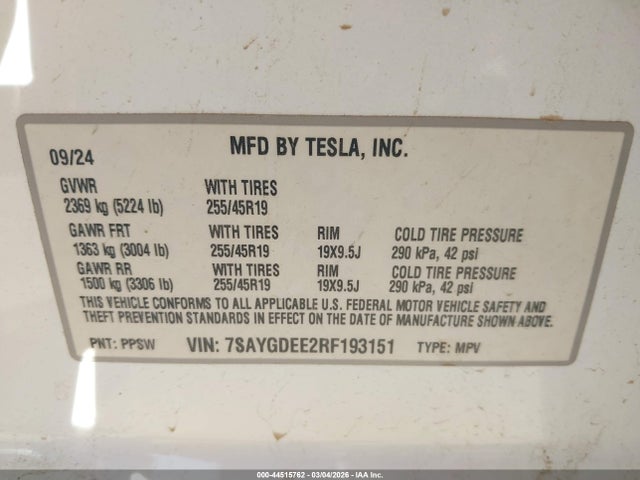44515762 :رقم المزاد ، 7SAYGDEE2RF193151 vin ، 2024 Tesla Model Y Long Range Dual Motor All-wheel Drive مزاد بيع