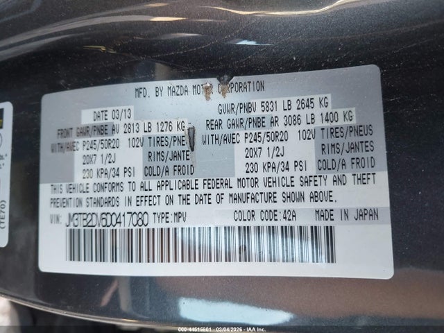 Продаж на аукціоні авто 2013 Mazda Cx-9 Grand Touring, vin: JM3TB2DV6D0417080, номер лоту: 44515801