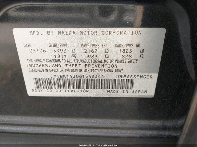 Продаж на аукціоні авто 2006 Mazda Mazda3 S, vin: JM1BK143061542344, номер лоту: 44515820
