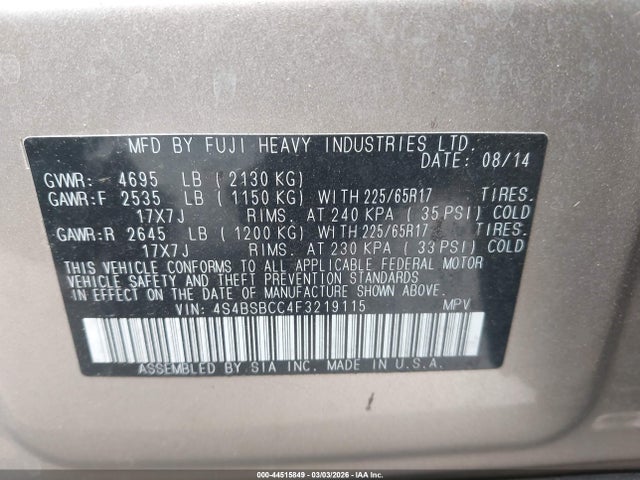 2015 Subaru Outback 2.5i Premium მანქანა იყიდება აუქციონზე, vin: 4S4BSBCC4F3219115, აუქციონის ნომერი: 44515849