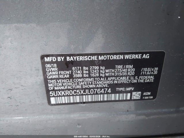 44515854 :رقم المزاد ، 5UXKR0C5XJL076474 vin ، 2018 Bmw X5 Xdrive35i مزاد بيع