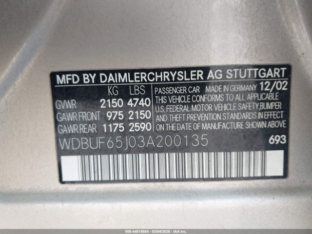 Продажа на аукционе авто 2003 Mercedes-benz E 320, vin: WDBUF65J03A200135, номер лота: 44515884