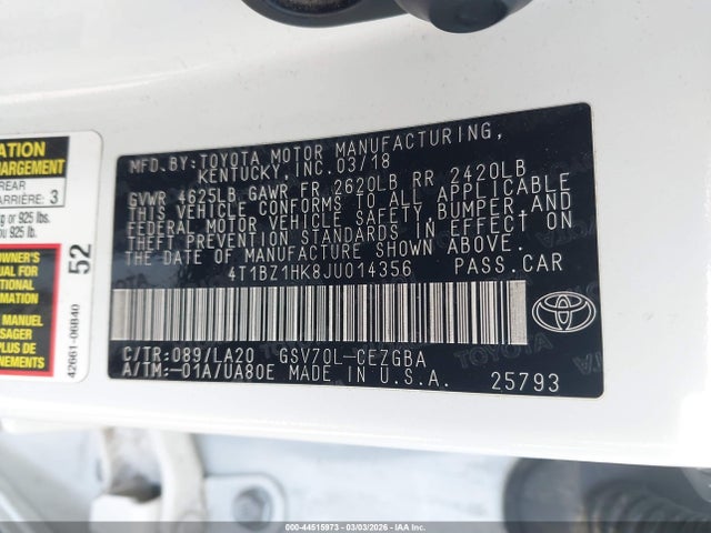 4T1BZ1HK8JU014356 Toyota Camry Xle V6