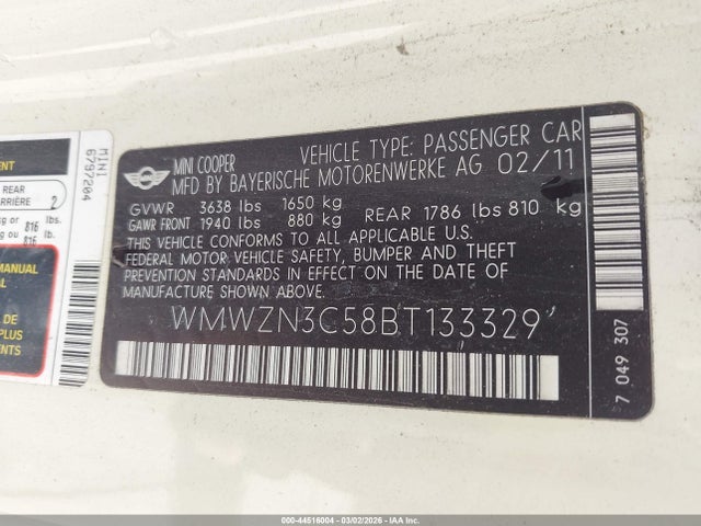 Aukcja sprzedaży 2011 Mini Cooper, vin: WMWZN3C58BT133329, numer aukcji: 44516004