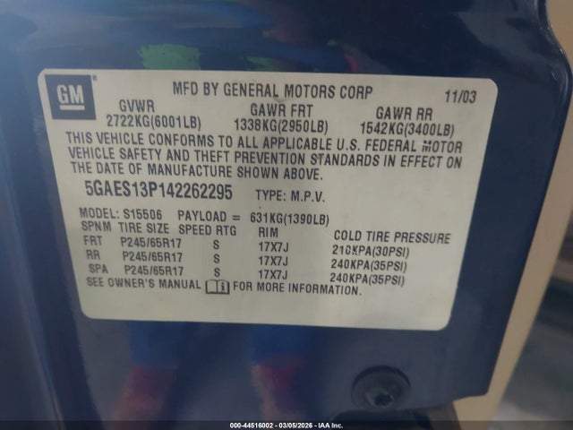Продажа на аукционе авто 2004 Buick Rainier Cxl, vin: 5GAES13P142262295, номер лота: 44516002